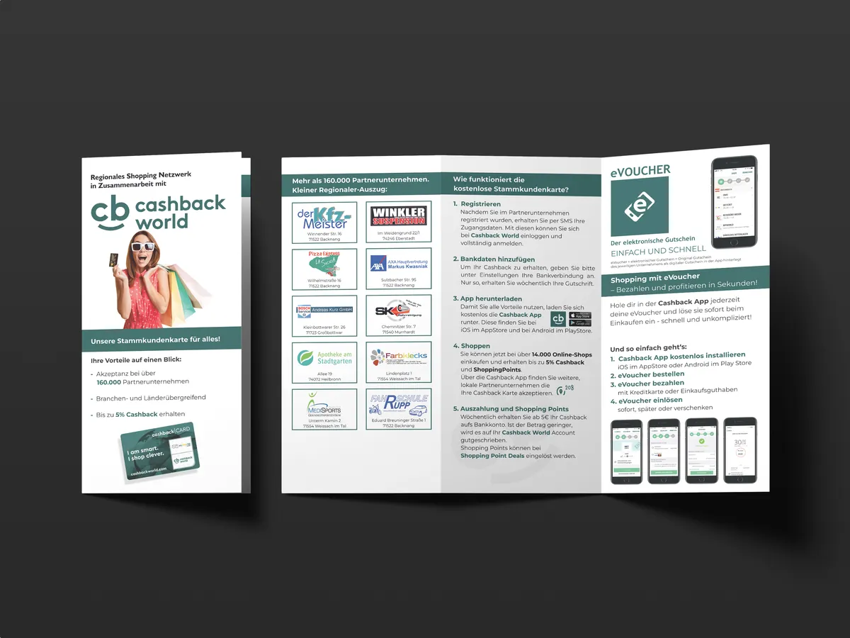 Trifold-Flyer für CashbackWorld